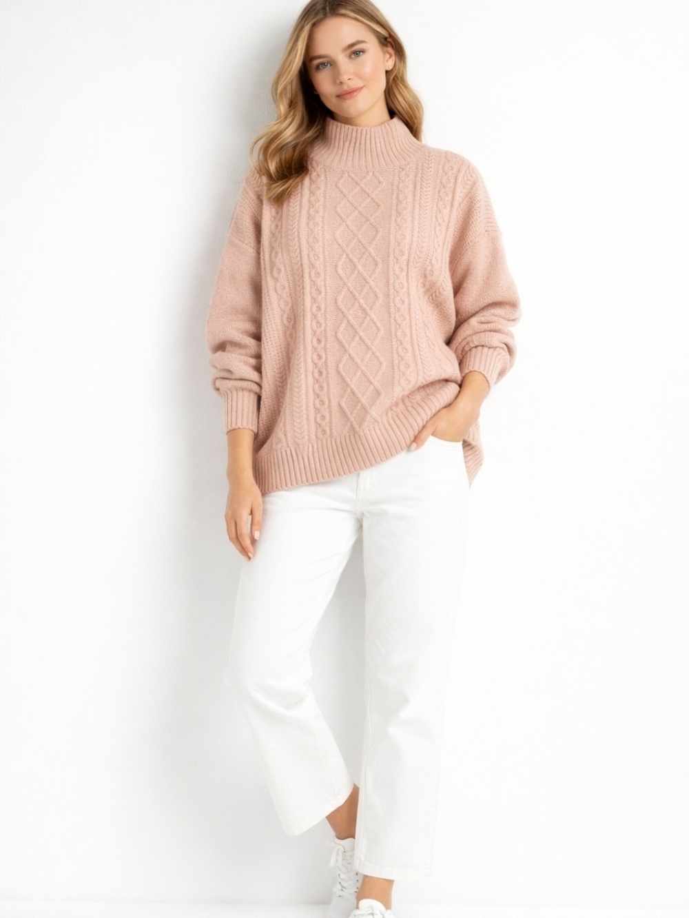 LOFT Turtleneck Cable Sweater Boxy Oversized Large Beige